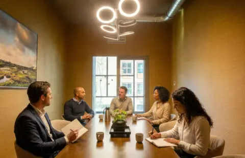 Deelnemers aan tafel tijdens Strategisch Adviseren